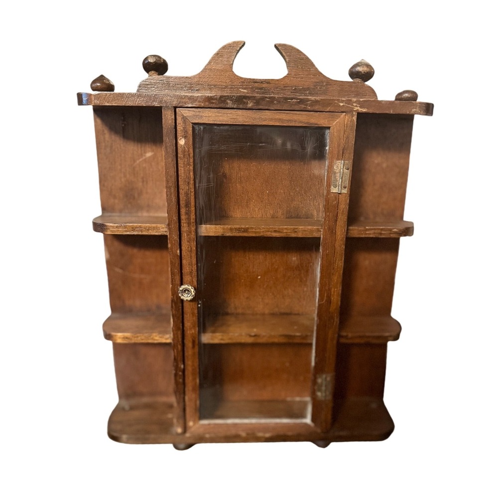 Deville Vintage Wood Wall Hanging Curio Cabinet Glass Door Miniature Shadow Box